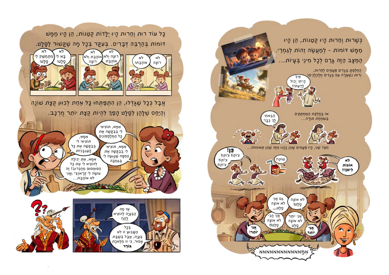 הכפולה בקובץ ההפקה — שני עמודי קומיקס מעוצבים ומעומדים
